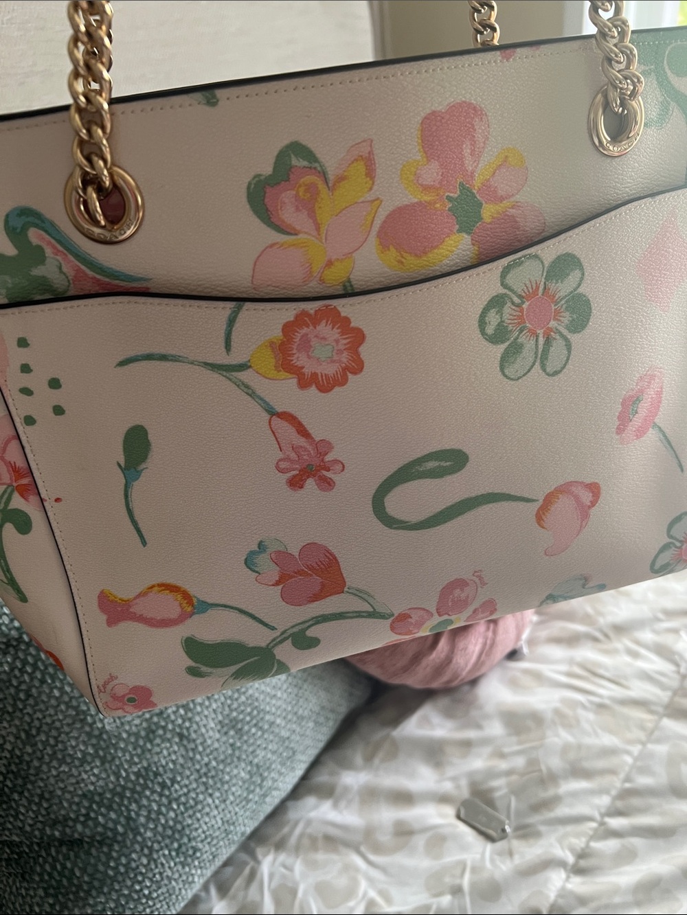 Coach Floral Cream Tote with Pink, Green and Yellow Accents - Picture 5 of 7